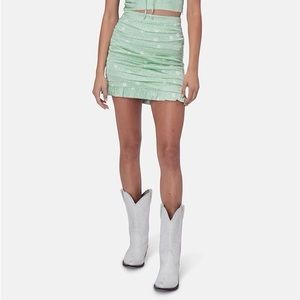 For Love & Lemons Robin Skirt – Mint Cheetah Daisy Print Satin Mini (Size M)